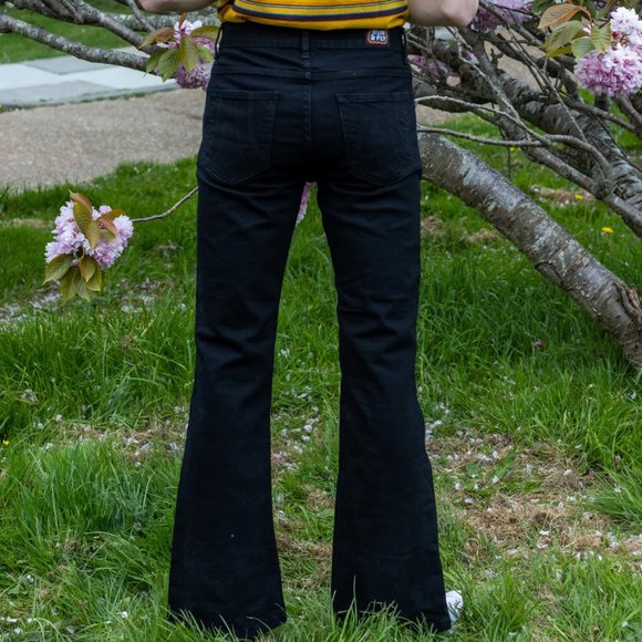 Run & Fly Rock N Roll Bell Bottom Flare Jeans Black Stretch Men's 32L 60s 70s - Picture 2 of 8